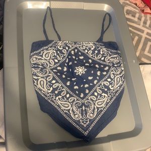 blue and white “fashion magazine” bandana top.